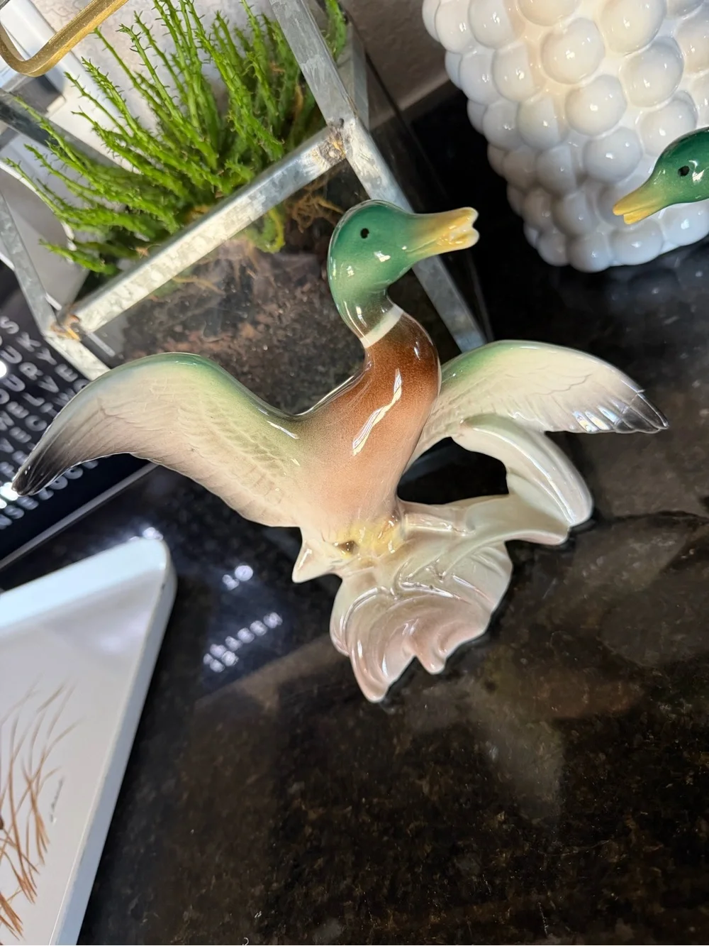 Glazed Ceramic Mallard Duck Figurine - Green and Brown